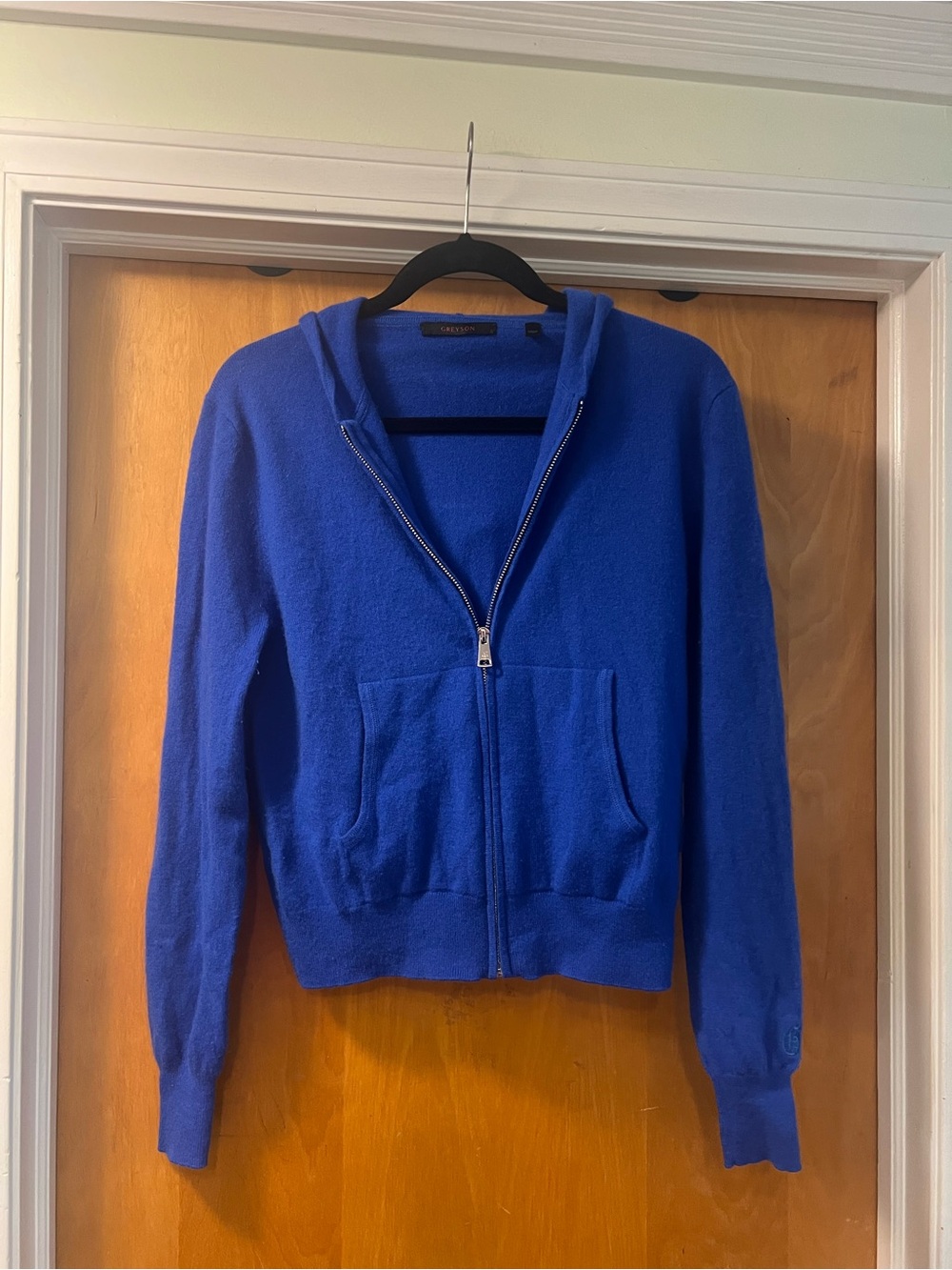 Grayson blue cropped zip up hoodie size small - merino wool and cashmere